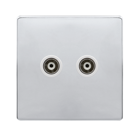 Click Definity Complete Polished Chrome with White Insert Screwless Twin Isolated Coaxial Outlet SFCH159PW