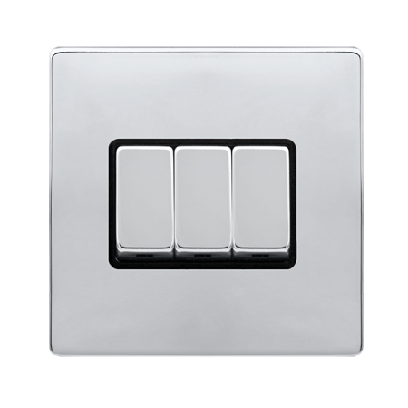 Click Definity Complete Polished Chrome with Black Insert Screwless 3 Gang 2 Way Switch SFCH413BK