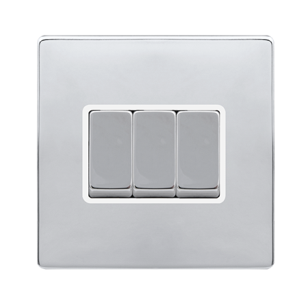 Click Definity Complete Polished Chrome with White Insert Screwless 3 Gang 2 Way Switch SFCH413PW