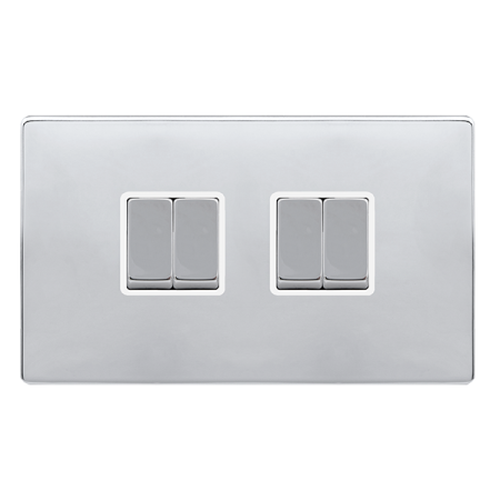 Click Definity Complete Polished Chrome with White Insert Screwless 4 Gang 2 Way Switch SFCH414PW