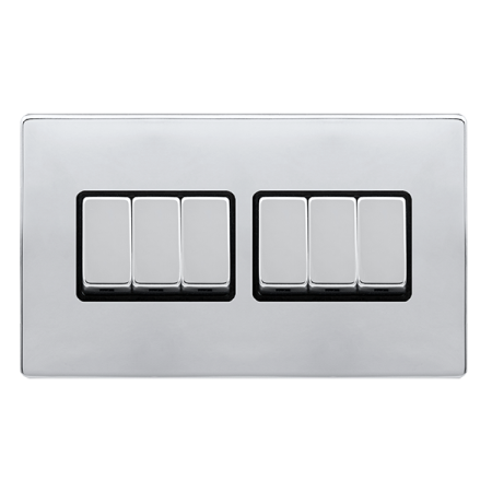 Click Definity Complete Polished Chrome with Black Insert Screwless 6 Gang 2 Way Switch SFCH416BK