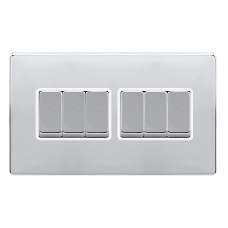 Click Definity Complete Polished Chrome with White Insert Screwless 6 Gang 2 Way Switch SFCH416PW
