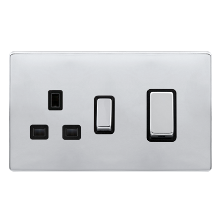 Click Definity Complete Polished Chrome with Black Insert Screwless 2 Gang 50A Double Pole Switch with 13A Socket Outlet SFCH504BK