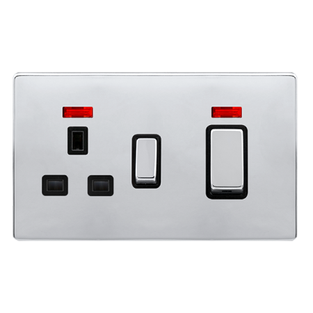 Click Definity Complete Polished Chrome with Black Insert Screwless 2 Gang 50A Double Pole Switch with 13A Socket Outlet with Neon SFCH505BK