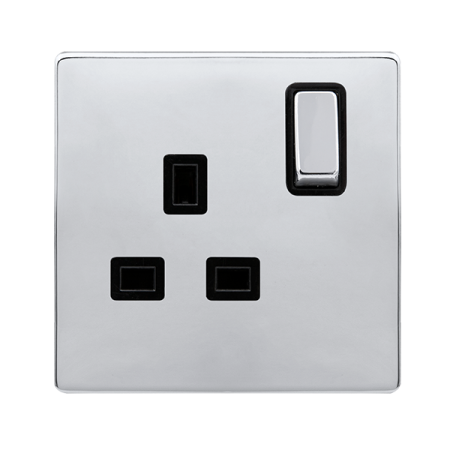 Click Definity Complete Polished Chrome with Black Insert Screwless 1 Gang 13A Single Switched Socket SFCH535BK