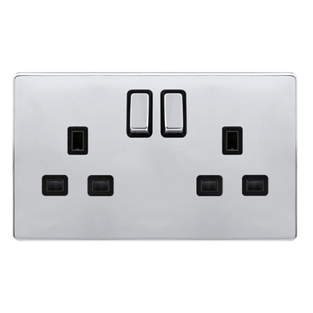 Click Definity Complete Polished Chrome with Black Insert Screwless 2 Gang 13A Double Switched Socket SFCH536BK