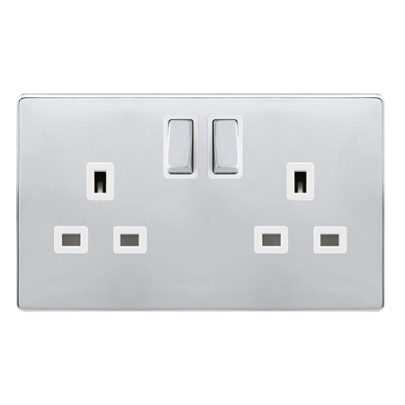 Click Definity Complete Polished Chrome with White Insert Screwless 2 Gang 13A Double Switched Socket SFCH536PW