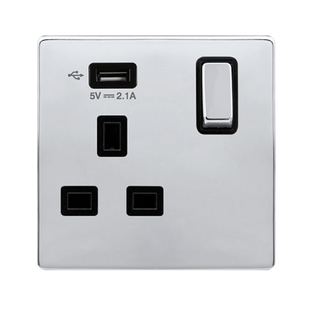 Click Definity Complete Polished Chrome with Black Insert Screwless 1 Gang 13A Single Switched Socket with USB SFCH571UBK