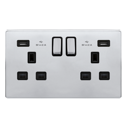 Click Definity Complete Polished Chrome with Black Insert Screwless 2 Gang 13A Double Switched USB Socket SFCH580BK