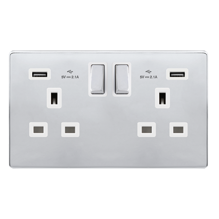 Click Definity Complete Polished Chrome with White Insert Screwless 2 Gang 13A Double Switched USB Socket SFCH580PW