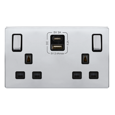 Click Definity Complete Polished Chrome with Black Insert Screwless 2 Gang 13A Double Switched Socket with Type A and C USB SFCH586BK