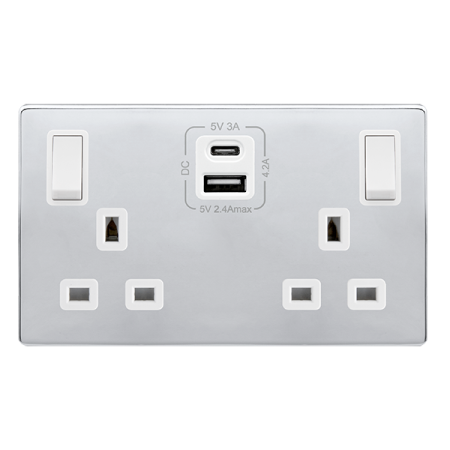Click Definity Complete Polished Chrome with White Insert Screwless 2 Gang 13A Double Switched Socket with Type A and C USB SFCH586PW