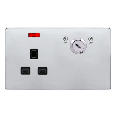 Click Definity SFCH655BK Polished Chrome Black Insert Screwless 13A 1 Gang Double Pole Key Lockable Switched Socket