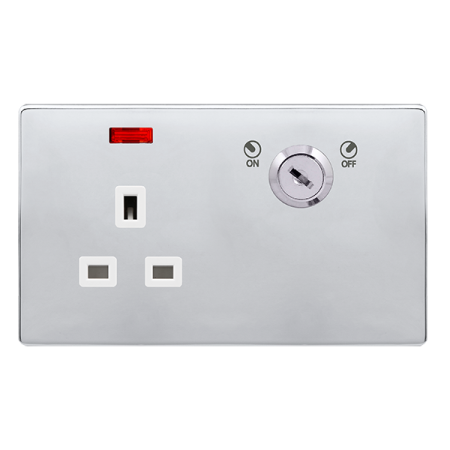 Click Definity SFCH655PW Polished Chrome White Insert Screwless 13A 1 Gang Double Pole Key Lockable Switched Socket