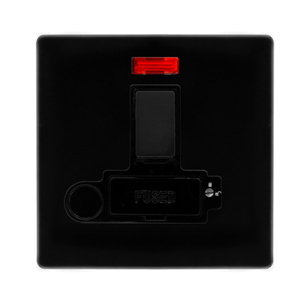 Click Definity Screwless Metal Black 13A Switched Lockable Spur With Neon & Flex Outlet | SFMB252BK
