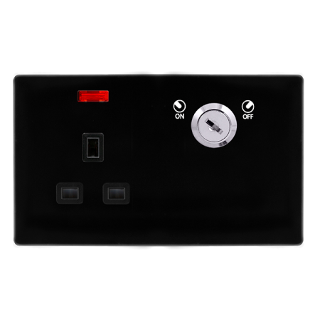 Click Definity Screwless Metal Black 13A 1 Gang DP Lockable Socket & Neon | SFMB655BK