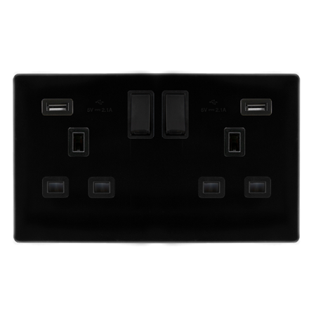 Click Definity Screwless Metal Black 13A Double Socket & Dual 2.1A USB Outlets | SFMB780BK