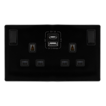 Click Definity Screwless Metal Black 13A Double Socket With Type A & C USB Outlets | SFMB786BK