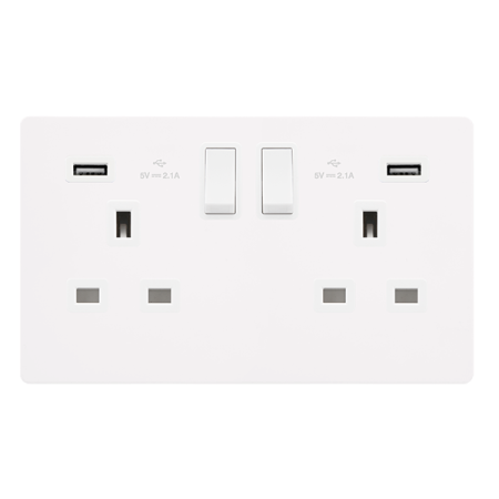 Click Definity SFMW780PW Metal White Screwless 2 Gang 13A Double Switched USB Socket