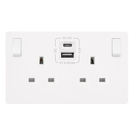 Click Definity SFMW786PW Metal White Screwless 2 Gang 13A Double Switched Socket with Type A & C USB