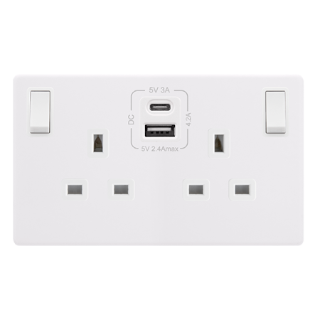 Click Definity Screwless 13A Ingot 2 Gang Switched Safety Shutter Socket With Type A & C USB | SFPW786PW