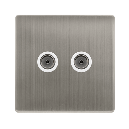 Twin Non-isolated Coaxial Outlet - Stainless Steel Cover Plate - Polar White Insert