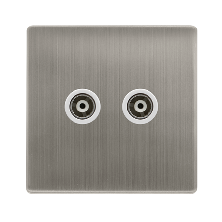 Twin Isolated Coaxial Outlet - Stainless Steel Cover Plate - Polar White Insert