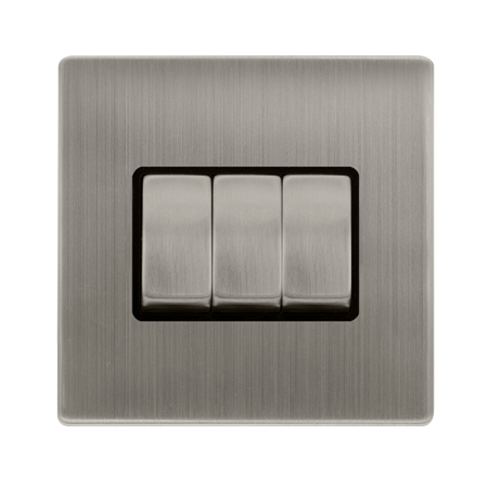 10ax Ingot 3 Gang 2 Way Switch - Stainless Steel Cover Plate - Black Insert