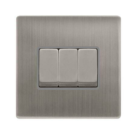10ax Ingot 3 Gang 2 Way Switch - Stainless Steel Cover Plate - Grey Insert