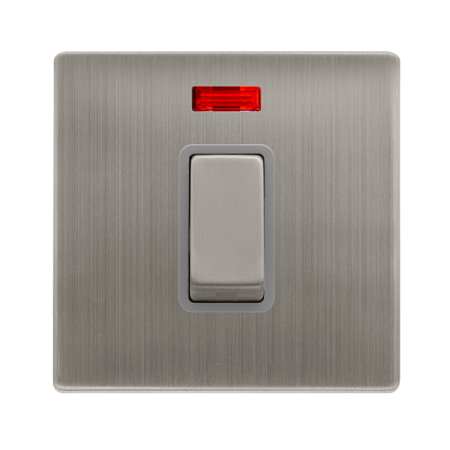 50a Ingot 1 Gang Double Pole Switch With Neon - Stainless Steel Cover Plate - Grey Insert