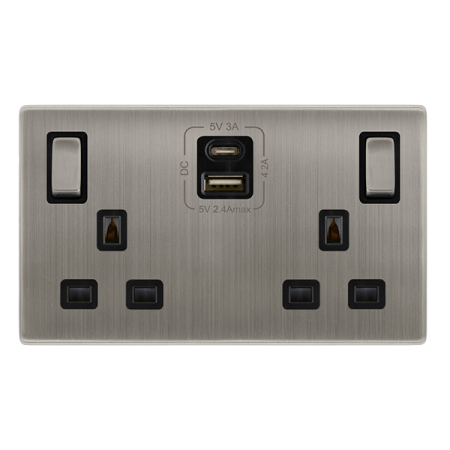 Click Definity Screwless 13A Ingot 2 Gang Switched Safety Shutter Socket With Type A & C USB | SFSS586BK
