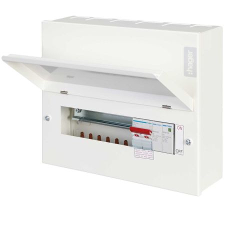 Hager 8 Way Main Switch Consumer Unit + Surge Protection Round Knockouts | VML108SPDRK