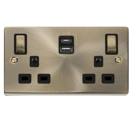 Click Deco Antique Brass Type A & C USB Double Socket | VPAB586BK