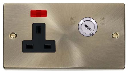 Click Deco Antique Brass 13A 2G Lockable Socket & Neon | VPAB675BK