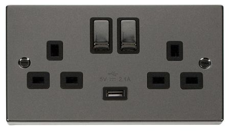 Click Deco Ingot Black Nickel 13a Double Socket With USB Black Insert VPBN570BK