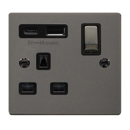 Click Deco Black Nickel USB A & C Port 13A Single Socket | VPBN585BK