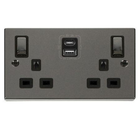Click Deco Ingot Black Nickel 2G 13A Switched Socket & TYPE A & C USB | VPBN586BK