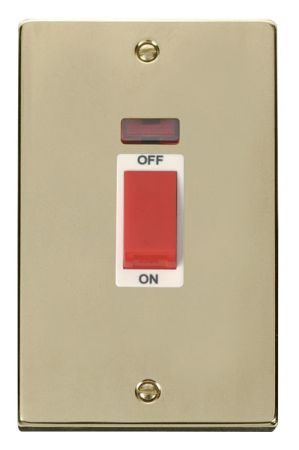 Click Deco Polished Brass 45a DP Double Cooker Switch & Neon White Insert VPBR203WH