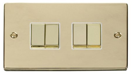 Click Deco Ingot Polished Brass 4 Gang Light Switch White Insert VPBR414WH