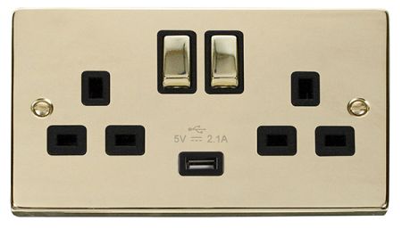 Click Deco Ingot Polished Brass 13a Double Socket With USB Black Insert VPBR570BK