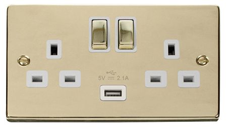 Click Deco Ingot Polished Brass 13a Double Socket With USB White Insert VPBR570WH