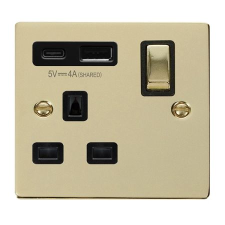 Click Deco Polished Brass USB A & C Port 13A Single Socket | VPBR585BK
