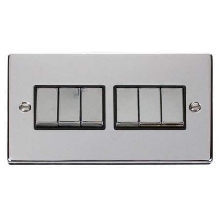 Click Deco Ingot Polished Chrome 6 Gang Light Switch Black Insert VPCH416BK