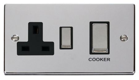 Click Deco Ingot Polished Chrome 45a DP Cooker Switch & Socket Black Insert VPCH504BK