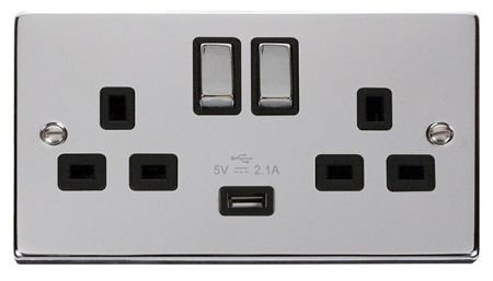 Click Deco Ingot Polished Chrome 13a Double Socket With USB Black Insert VPCH570BK