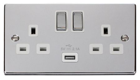 Click Deco Ingot Polished Chrome 13a Double Socket With USB White Insert VPCH570WH