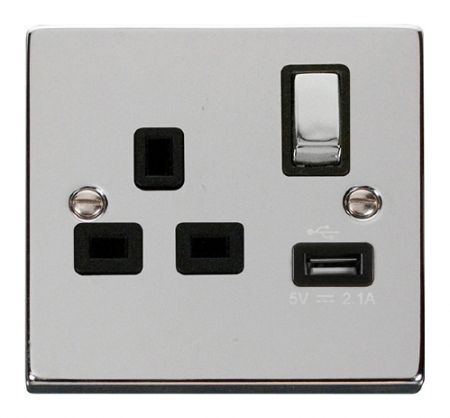 Click Deco Ingot 13A Polished Chrome Single Socket with USB Black Insert VPCH571BK