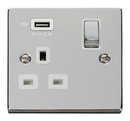 Click Deco Ingot 13A Polished Chrome Single Socket with USB White Insert VPCH571WH