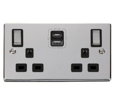 Click Deco VPCH586BK Polished Chrome Type A & C USB Double Socket