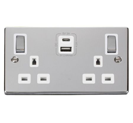 Click Deco VPCH586WH Polished Chrome Type A & C USB Double Socket